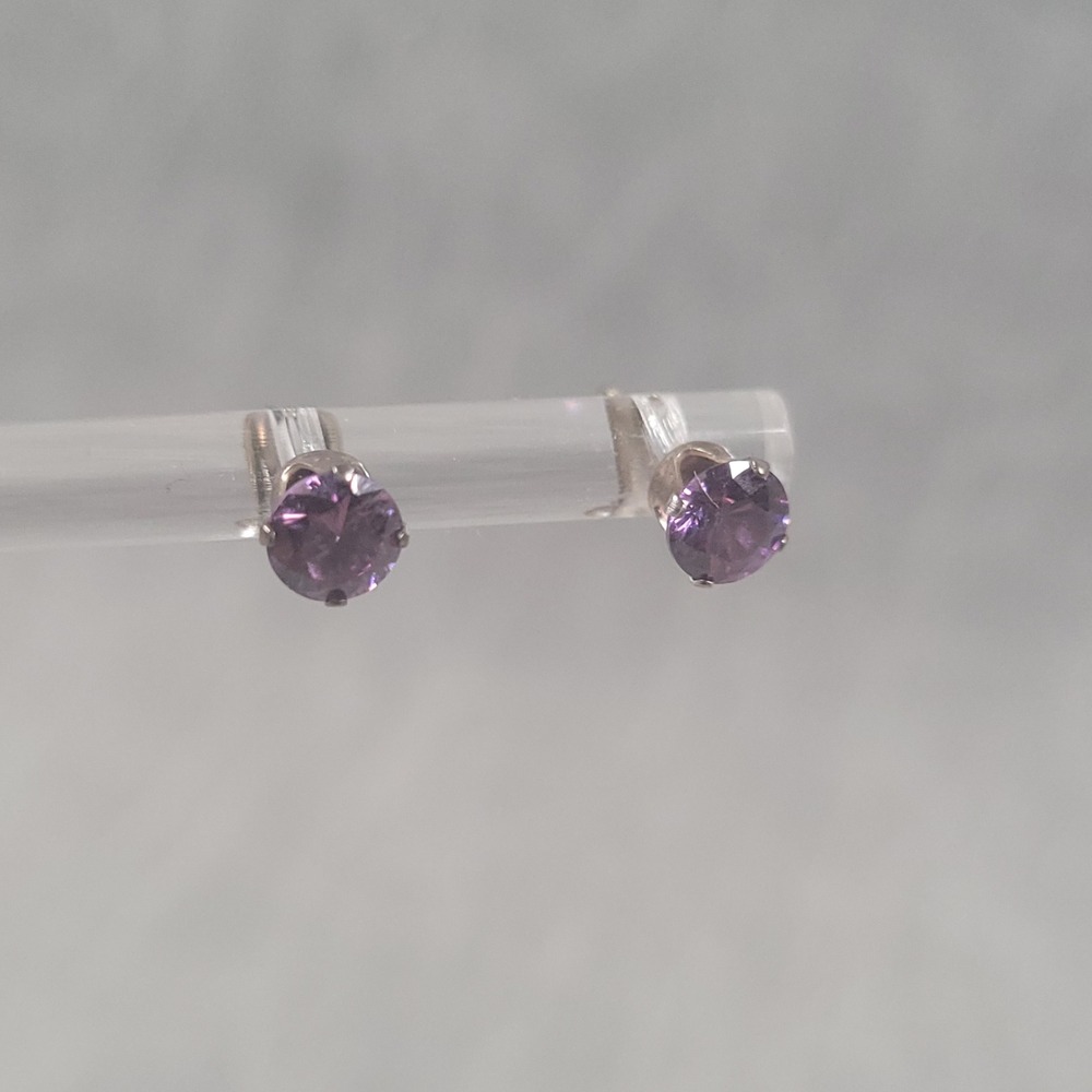 Sterling Silver Stud Earrings Purple Glass Stones Round 925 Solitaire Jewelry